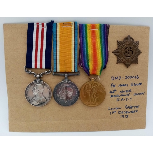 64 - WW1 Military Medal Group Awarded to DM2.207016 Pte Harry Glover 44 th Motor Abulance Convoy Army Ser... 