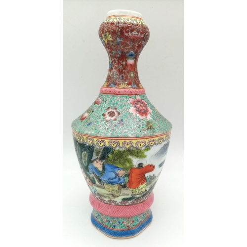 875 - An Antique Chinese Vase. Beautiful hand-painted floral and people scene. Markings on base. 25cm tall... 