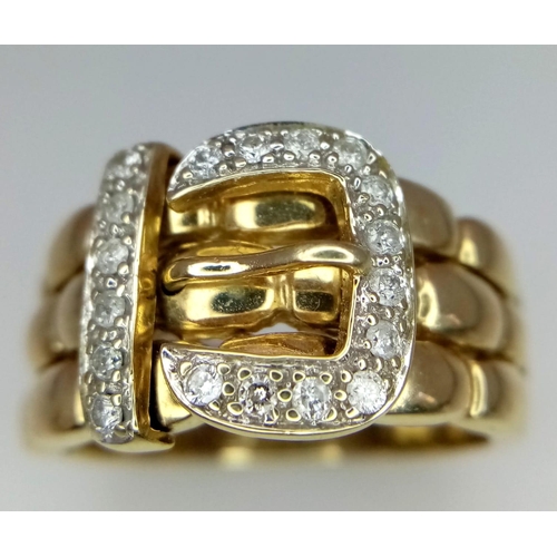 107 - A VINTAGE 9K YELLOW GOLD DIAMOND SET BUCKLE RING, WEIGHT 10G SIZE U