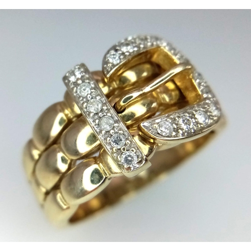 107 - A VINTAGE 9K YELLOW GOLD DIAMOND SET BUCKLE RING, WEIGHT 10G SIZE U