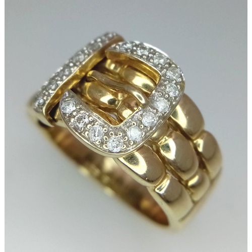 107 - A VINTAGE 9K YELLOW GOLD DIAMOND SET BUCKLE RING, WEIGHT 10G SIZE U