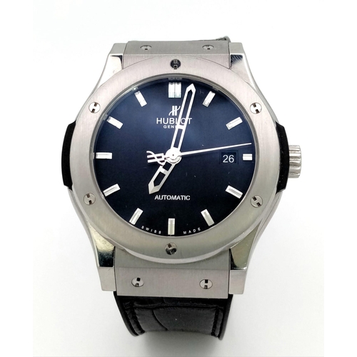 11 - HUBLOT CLASSIC FUSION AUTOMATIC WATCH, SKELETON BACK, BLACK FACE WITH DATE BOX, SILVER DIAL AND BEZE... 