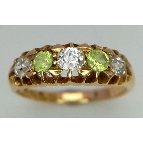 239 - 18K YELLOW GOLD OLD CUT DIAMONDS & PERIDOT 5 STONE RING 0.35CT DIMAONDS 

WEIGHT: 2.9G 
SIZE L