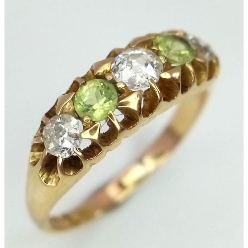 239 - 18K YELLOW GOLD OLD CUT DIAMONDS & PERIDOT 5 STONE RING 0.35CT DIMAONDS 

WEIGHT: 2.9G 
SIZE L