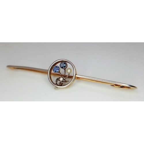 263 - A LOVELY VINTAGE 12K YELLOW GOLD DIAMOND, SAPPHIRE & PEARL BAR BROOCH, WEIGHT 3.5G AND 55MM WIDE APP... 