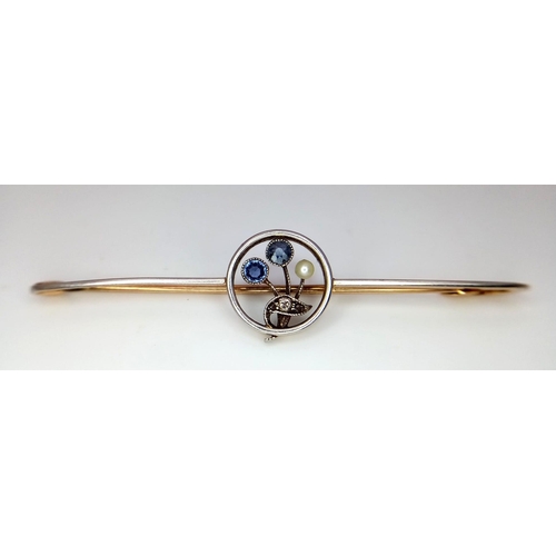 263 - A LOVELY VINTAGE 12K YELLOW GOLD DIAMOND, SAPPHIRE & PEARL BAR BROOCH, WEIGHT 3.5G AND 55MM WIDE APP... 