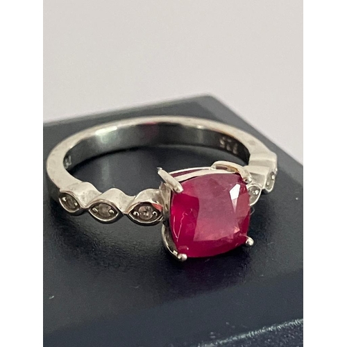 350 - SILVER and RUBY RING Having a 1.0 carat Square Cut RUBY SOLITAIRE  mounted to top with TOPAZ Detail ... 