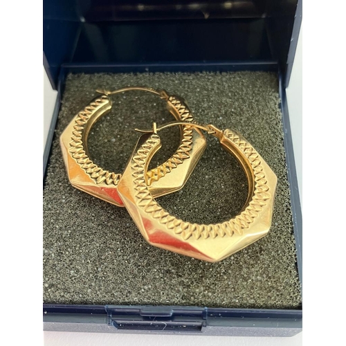 546 - Classic pair of 9 carat GOLD HOOP EARRINGS. Almost Hexagonal shape with attractive chased design to ... 