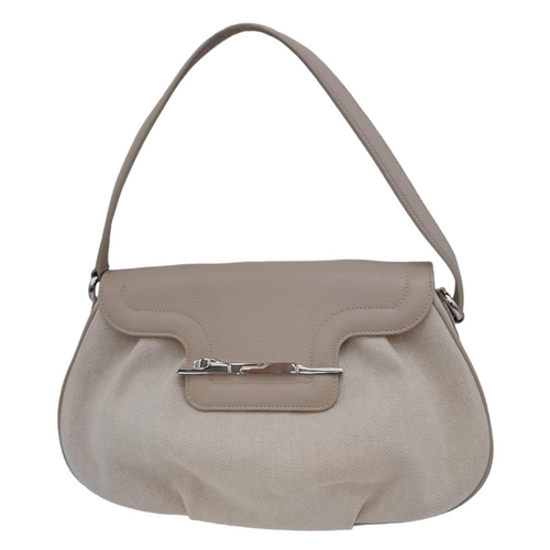 268 - A Cartier Beige Canvas and Leather Shoulder Bag. Fold over top closure. Silver-tone hardware. Leopar... 