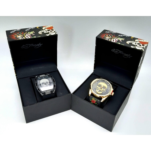 284 - Two Different Style Ed Hardy Skull Watches. As new. Both in need of a battery.