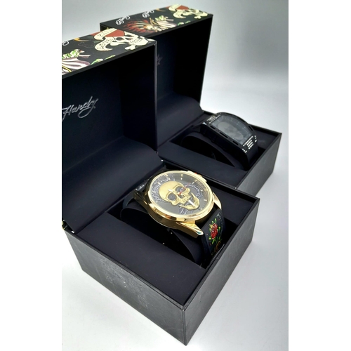 284 - Two Different Style Ed Hardy Skull Watches. As new. Both in need of a battery.