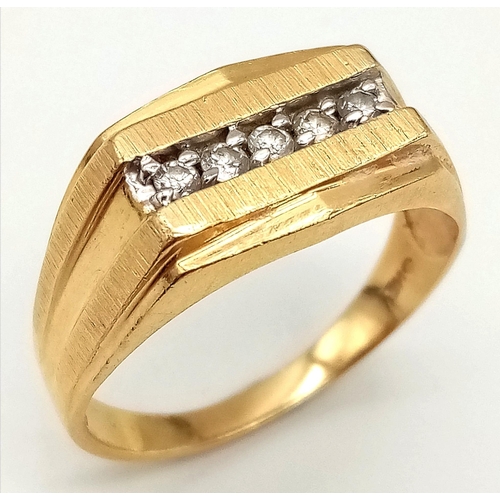 674 - A GENTS 14K GOLD RING WITH 5 DIAMONDS CHANNEL SET IN ATTRACTIVE DESIGN .   5.3gms   size Y