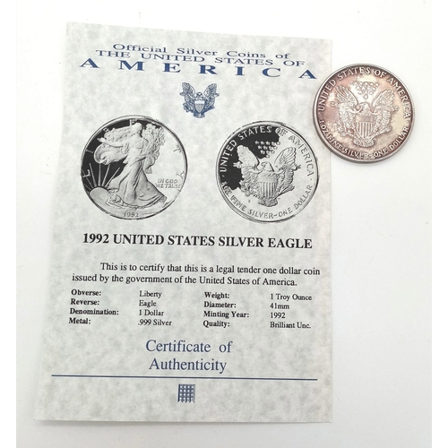 1002 - An Uncirculated Mint State Condition 1992 United States Silver Eagle. 
31.25 Grams.
Fine .999 Silver... 