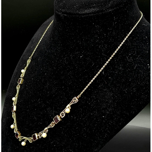 117 - An Antique 9K Yellow Gold, Amethyst and Seed Pearl Necklace. 40cm. 4.6g total weight.