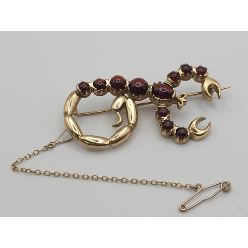 179 - A Head-Turning Vintage 9K Yellow Gold and Garnet Scorpion Brooch! Ready to sting with a curled tail ... 