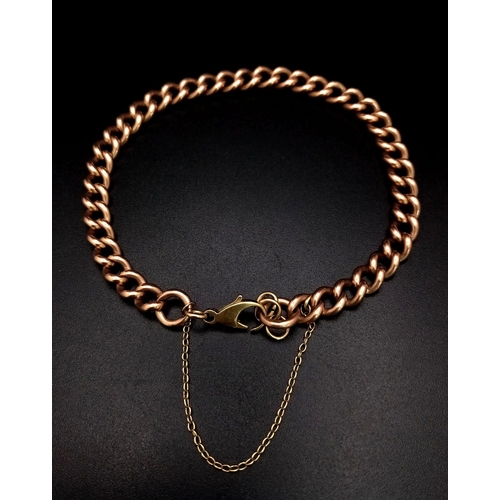 222 - An Antique 9K Rose Gold Curb Bracelet with a Vintage 9K Yellow Gold Clasp and Safety Chain. 18cm. 20... 