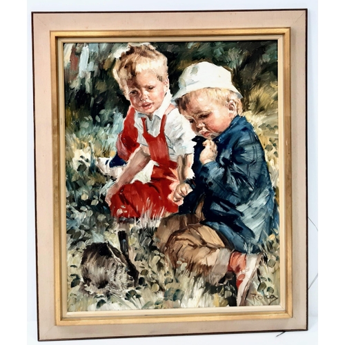 291 - A Charles Roka Oil on Canvas - Two Children and a Rabbit. In frame - 82cm x 98cm.