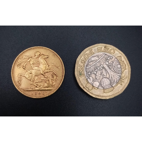 355 - An 1892 22k Gold Queen Victoria Full Sovereign.