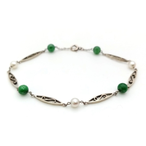 548 - A DELICATE 9K WHITE GOLD GREEN & WHITE STONE SET BRACELET, WEIGHT 3G AND 18CM LONG APPROX, STONES  B... 