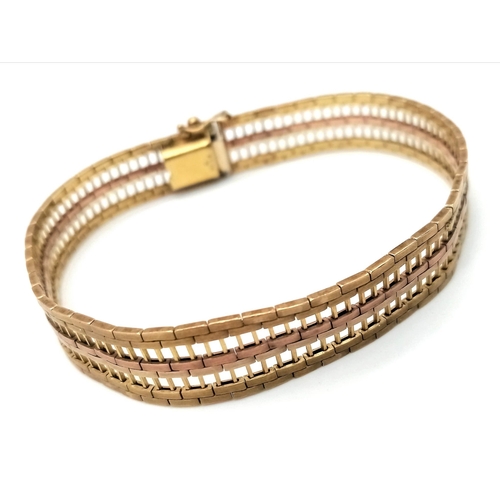 592 - A 9K GOLD PIERCED DESIGN FLEXI BRACELET IN 3 COLOURS OF GOLD .   14.9gms