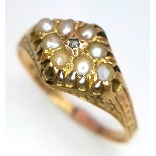 644 - A VINTAGE 15K YELLOW GOLD WITH SEED PEARL AND OLD CUT DIAMOND RING, WEIGHT 2.1G SIZE N