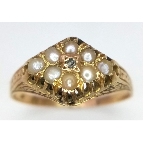 644 - A VINTAGE 15K YELLOW GOLD WITH SEED PEARL AND OLD CUT DIAMOND RING, WEIGHT 2.1G SIZE N