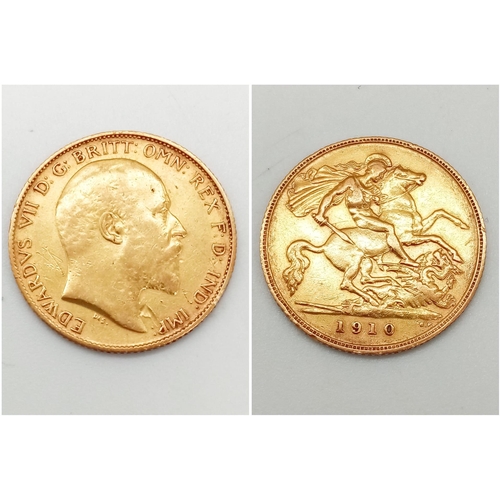 713 - A 1910 EDWARD VII HALF SOVEREIGN IN 22K GOLD .   4gms