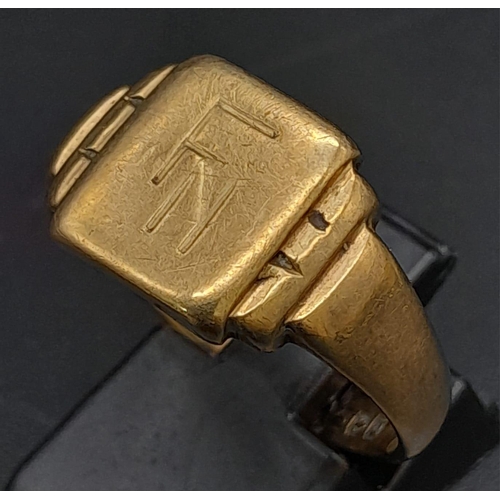 734 - A VINTAGE 9K GOLD GENTS SIGNET RING WITH INITIALS FN  .  5.4gms   size U