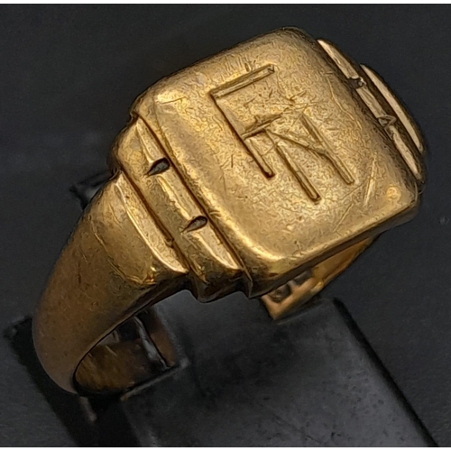 734 - A VINTAGE 9K GOLD GENTS SIGNET RING WITH INITIALS FN  .  5.4gms   size U