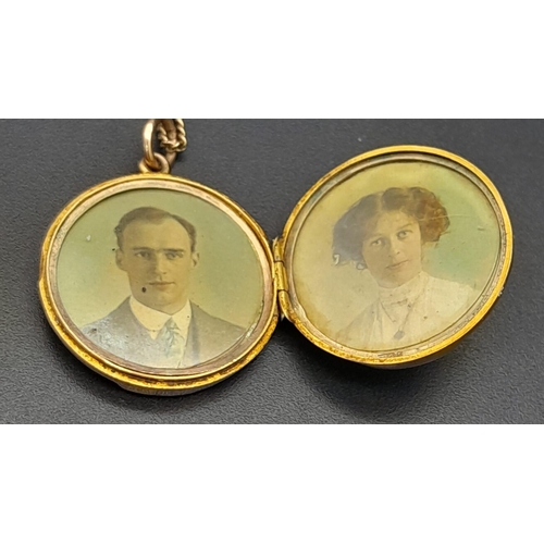 220 - An Antique 9K Yellow Gold Locket (still contains stoic-looking pictures of husband and wife) on a 9K... 