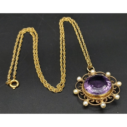 229 - A Victorian Mid Karat Gold, Amethyst and Seed Pearl Circular Pendant on a 9K Gold Delicate Prince of... 