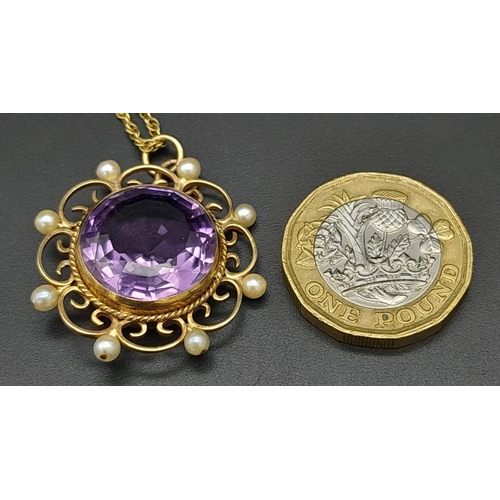 229 - A Victorian Mid Karat Gold, Amethyst and Seed Pearl Circular Pendant on a 9K Gold Delicate Prince of... 