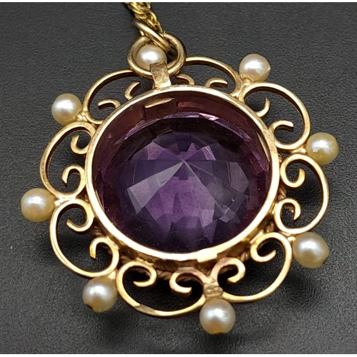 229 - A Victorian Mid Karat Gold, Amethyst and Seed Pearl Circular Pendant on a 9K Gold Delicate Prince of... 