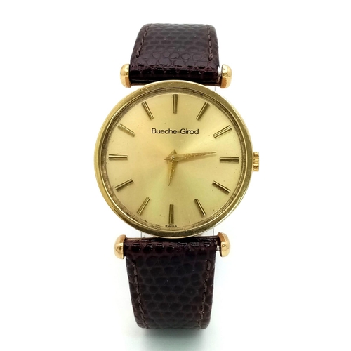 376 - A Vintage 1970’s Rare Bueche-Girod 9 Carat Gold Men’s Manual Wind Watch. 
32mm Wide Including Crown.... 