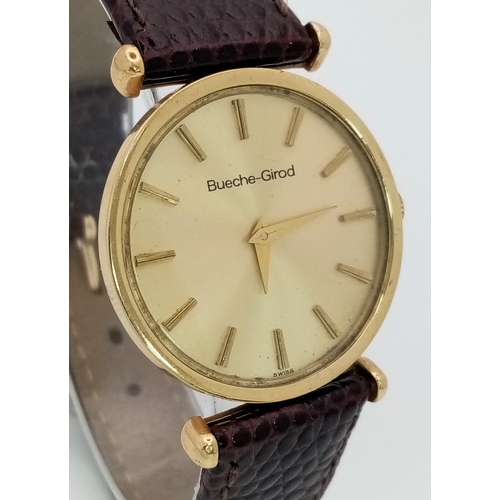 376 - A Vintage 1970’s Rare Bueche-Girod 9 Carat Gold Men’s Manual Wind Watch. 
32mm Wide Including Crown.... 