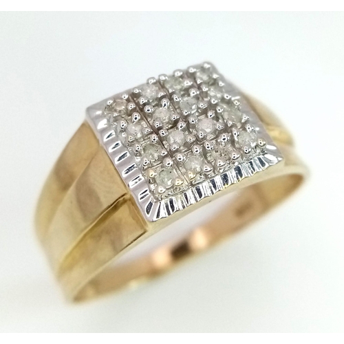 742 - 9K YELLOW GOLD DIAMOND SET RING, WITH APPROX 0.20CT DIAMONDS SQUARE FACE, WEIGHT 2.7G SIZE V