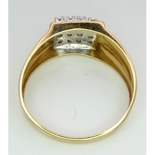 742 - 9K YELLOW GOLD DIAMOND SET RING, WITH APPROX 0.20CT DIAMONDS SQUARE FACE, WEIGHT 2.7G SIZE V