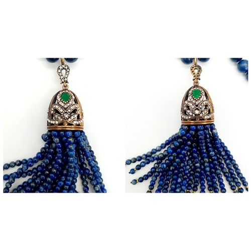 972 - Exquisite vintage Lapis Lazuli and Jade long necklace and hanging gem encrusted birdcage pendant wit... 