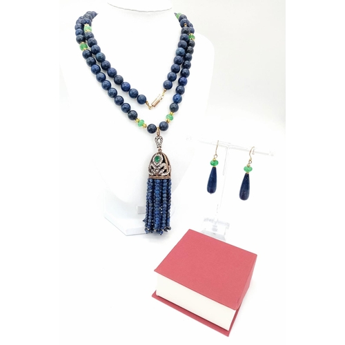 972 - Exquisite vintage Lapis Lazuli and Jade long necklace and hanging gem encrusted birdcage pendant wit... 