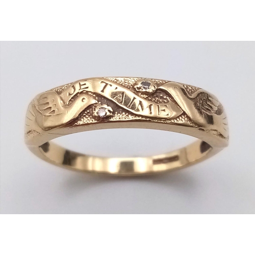 607 - A Completely Unique Vintage 14 Carat Yellow Gold and Diamond Set ‘Je T’Aime’ Detailed Love Ring.

Si... 