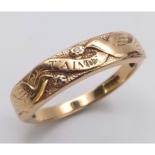 607 - A Completely Unique Vintage 14 Carat Yellow Gold and Diamond Set ‘Je T’Aime’ Detailed Love Ring.

Si... 