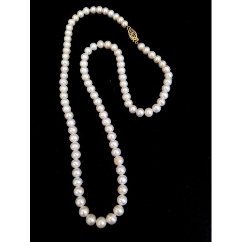 693 - 14K YELLOW GOLD CLASPED REAL PEARL NECKLACE 

46CM IN LENGTH.