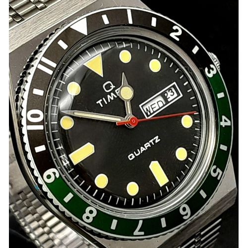 723 - An Unworn Q Timex Reissue.

38mm Stainless Steel case, Black & Green Bezel model.

Comes in presenta... 