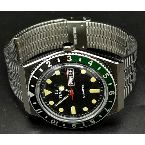 723 - An Unworn Q Timex Reissue.

38mm Stainless Steel case, Black & Green Bezel model.

Comes in presenta... 