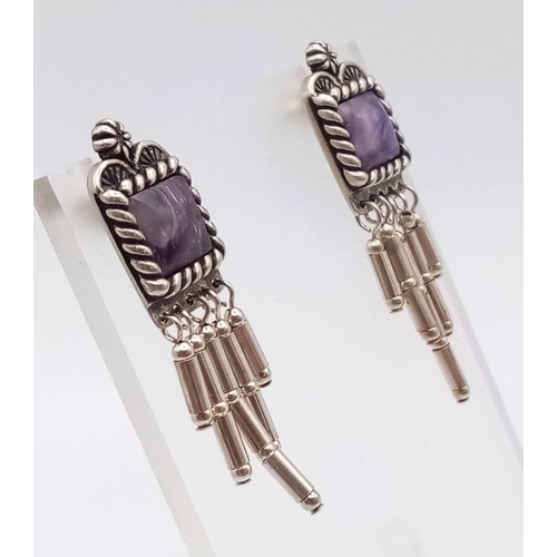 899 - Vintage Sterling Silver Amethyst Set Earrings, 3.5cm Drop. 

Set with 8mm Square Cut Amethyst.