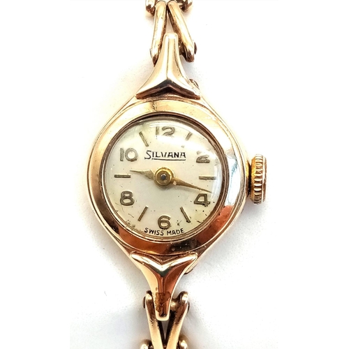 178 - A Vintage Silvana 9K Gold Ladies Watch. 9K gold bracelet and case - 15mm. Mechanical movement in wor... 