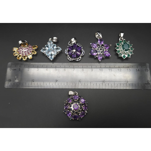 338 - Six Gemstone 925 Silver Pendants. Emerald, Amethyst x 3 citrine and topaz. 20/24mm.