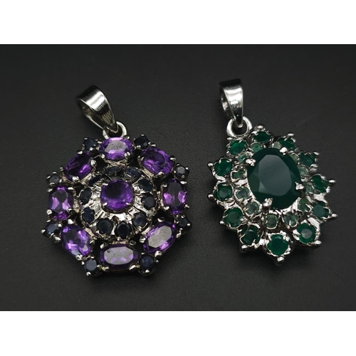 338 - Six Gemstone 925 Silver Pendants. Emerald, Amethyst x 3 citrine and topaz. 20/24mm.