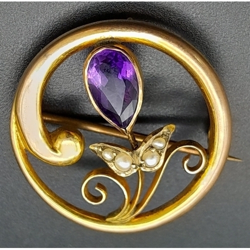 14 - An Antique 9K Yellow Gold, Amethyst and Seed Pearl Brooch.
Beautiful teardrop amethyst. 2cm diameter... 