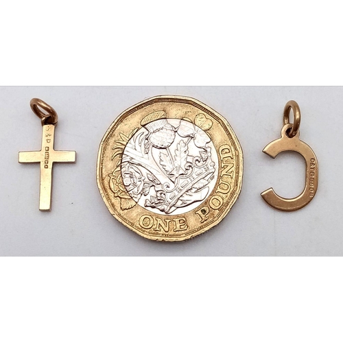 592 - Two 9K Yellow Gold Pendants - A Cross and the Letter C.
1.25g total weight.